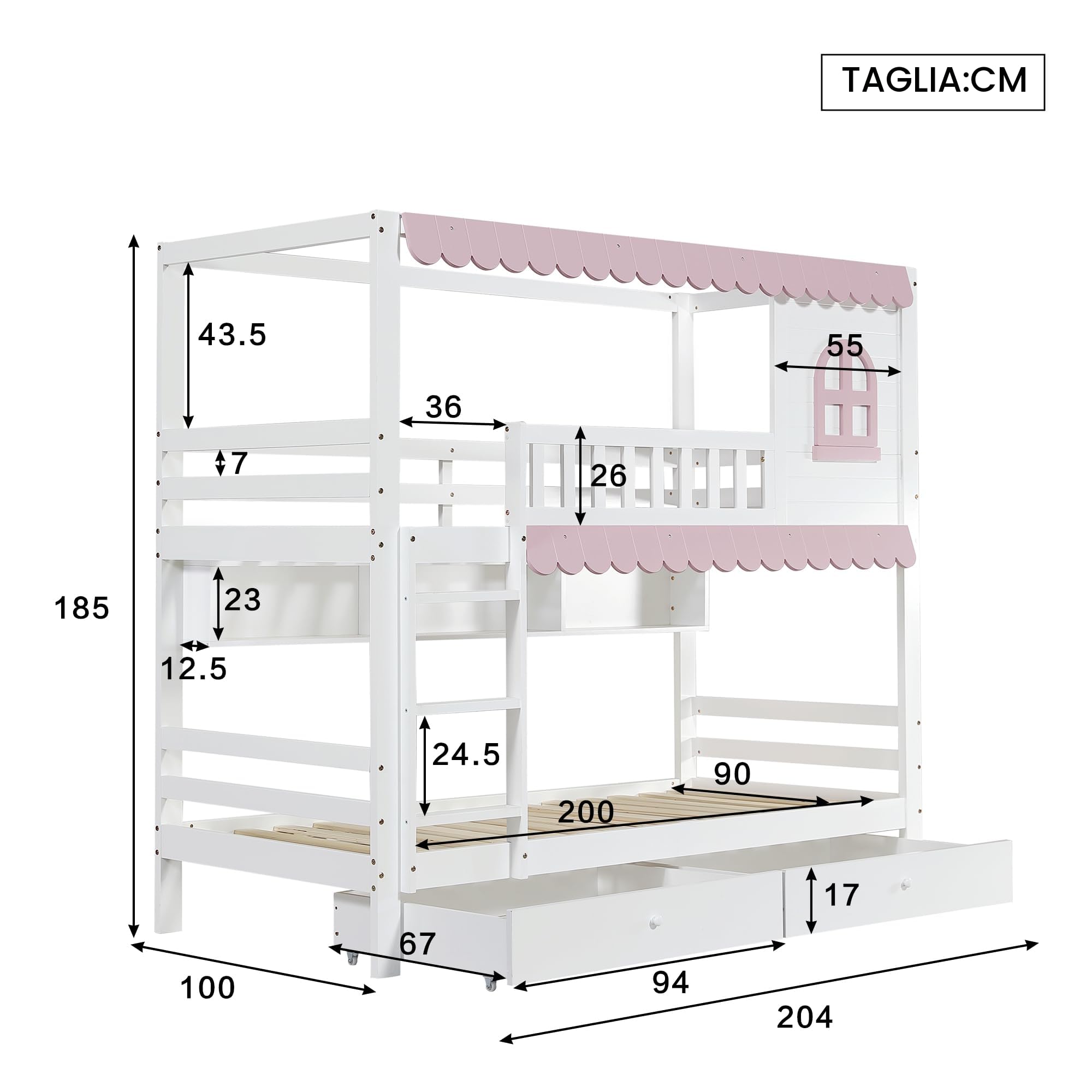 Dalamaní Letto a Castello 90x200 Bianco Rosa con Tenda e Cassetti
