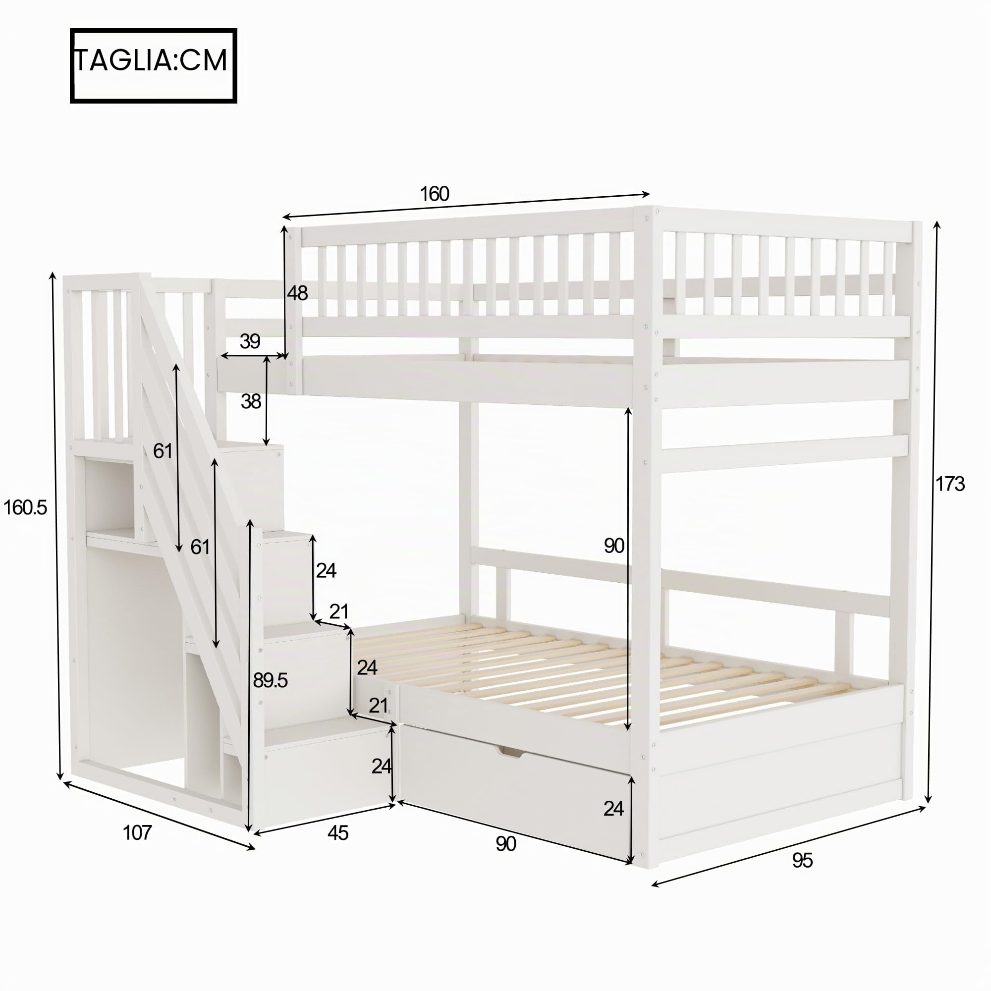 Dolamaní Letto a castello 90x200 bianco scala contenitore