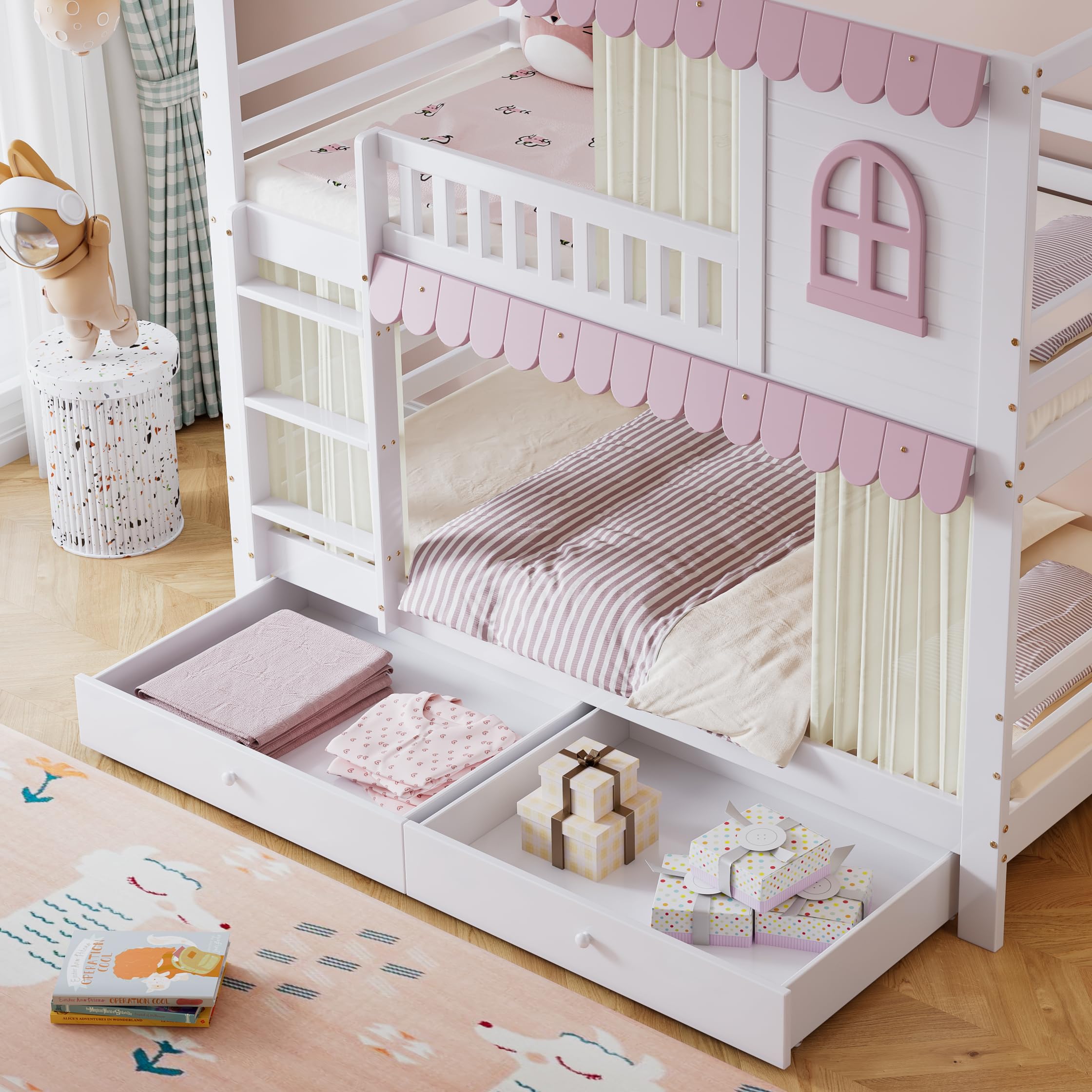 Dalamaní Letto a Castello 90x200 Bianco Rosa con Tenda e Cassetti