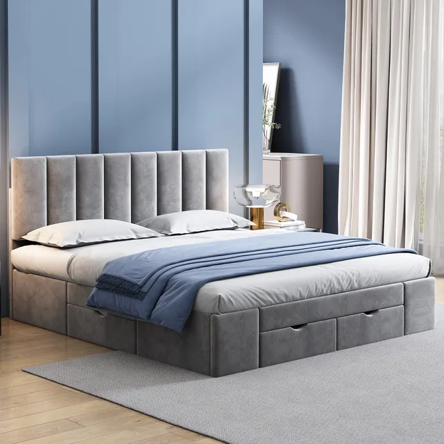 Dolamaní Letto matrimoniale 160x200 velluto grigio con 4 cassetti