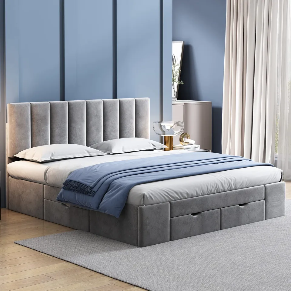 Dolamaní Letto matrimoniale 160x200 velluto grigio con 4 cassetti