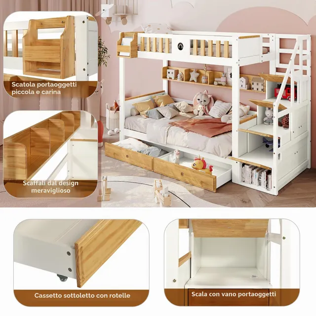 Dolamaní Letto a Castello 90x200 Scala 4 Vani Bianco Naturale