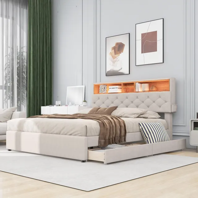 Dolamaní Letto Matrimoniale 140x200 Beige con 2 Cassetti