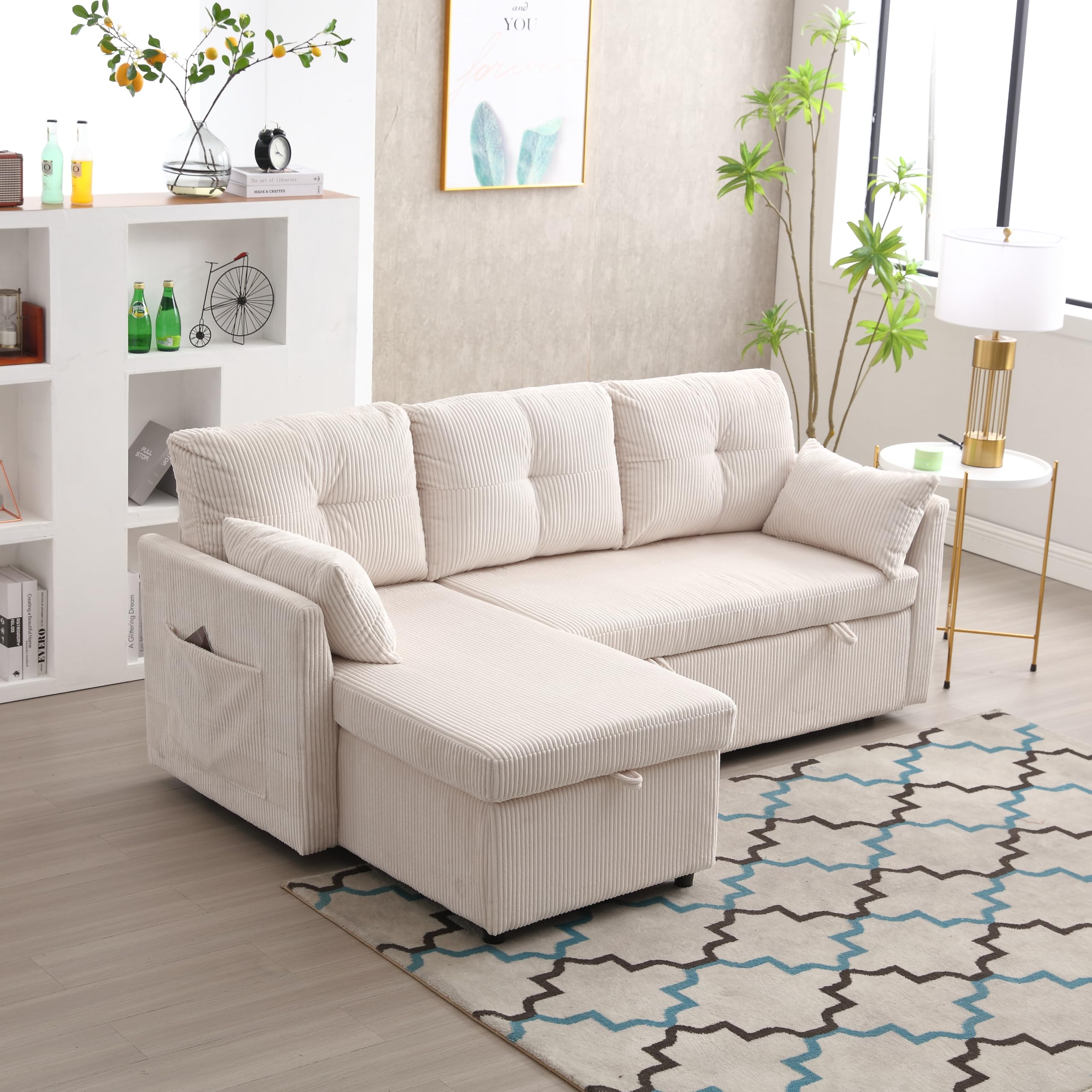 Dolamaní Divano Letto a L Beige in Velluto con Contenitore