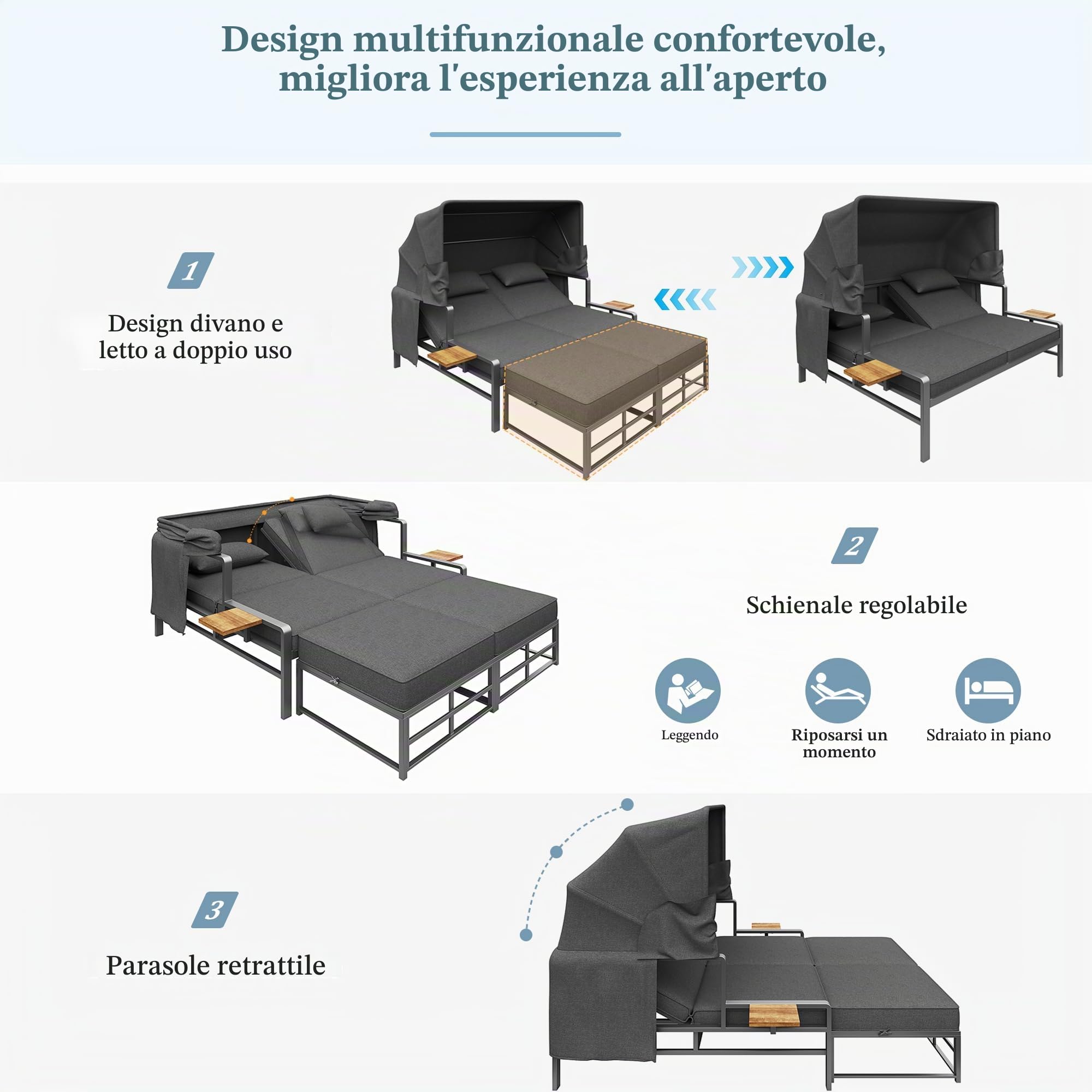 Dolamani divano lounge 2 posti grigio scuro con tettuccio letto