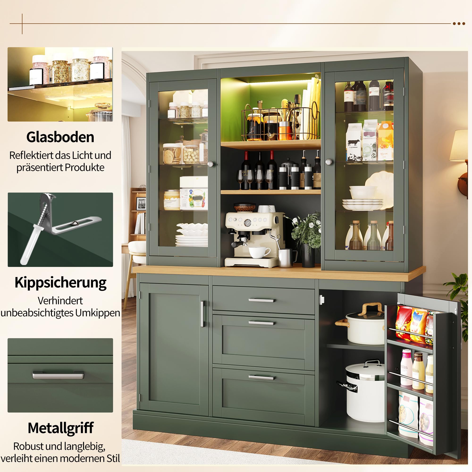 Dolamaní Credenza Verde 140x40x185 cm LED App 3 Cassetti