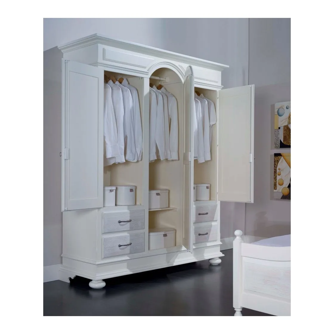 Epocantica Armadio 3 porte 4 cassetti abete laccato bianco