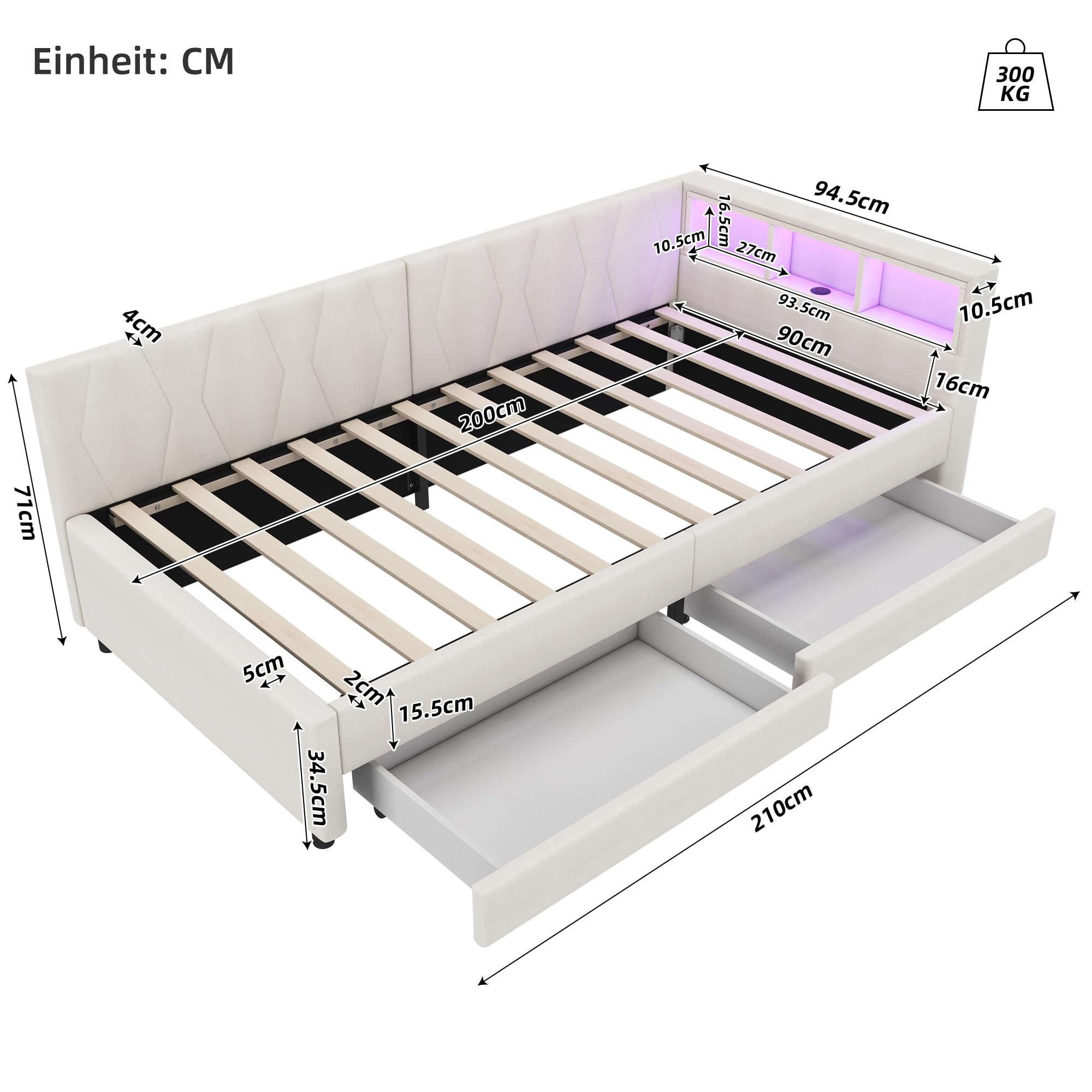 Dolamaní Letto Beige A 90x200 con Cassetti LED Lino