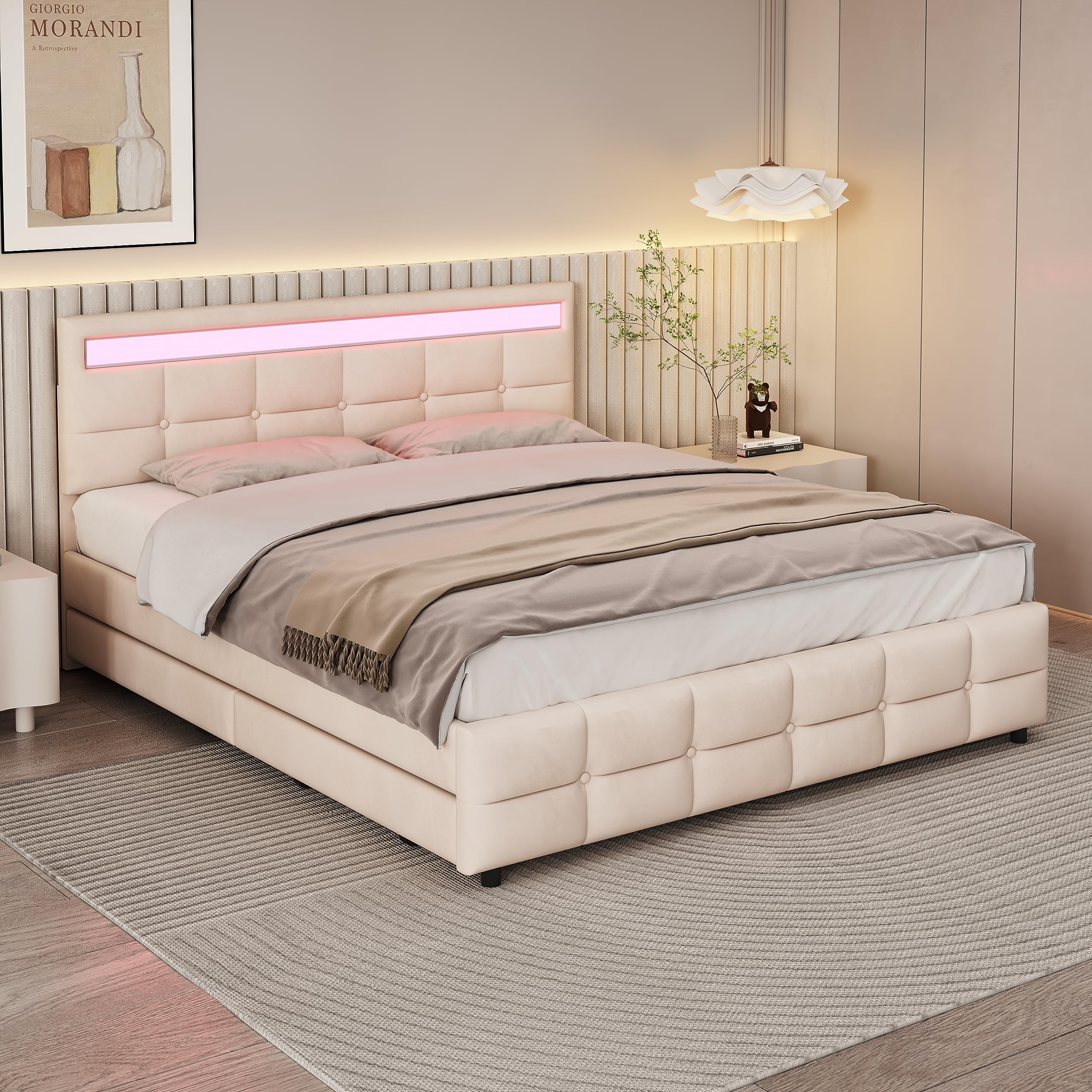 Dolamaní Letto imbottito in velluto 180x200 beige 4 cassetti