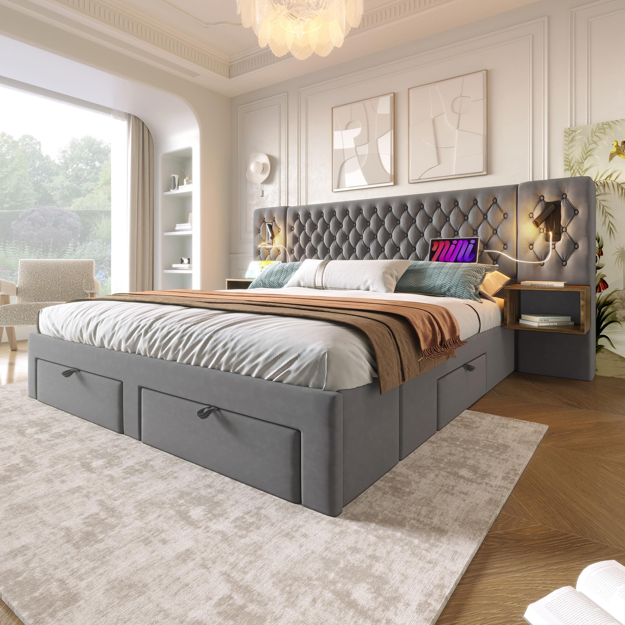 Dolamaní Letto Grigio 160x200 con Cassetti Velluto USB