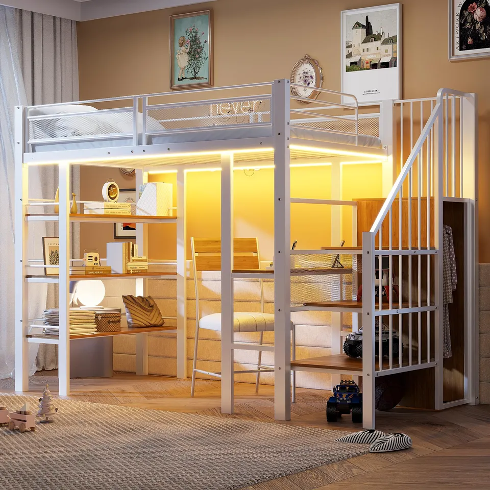Dolamaní letto a soppalco 90x200 bianco metallo con LED