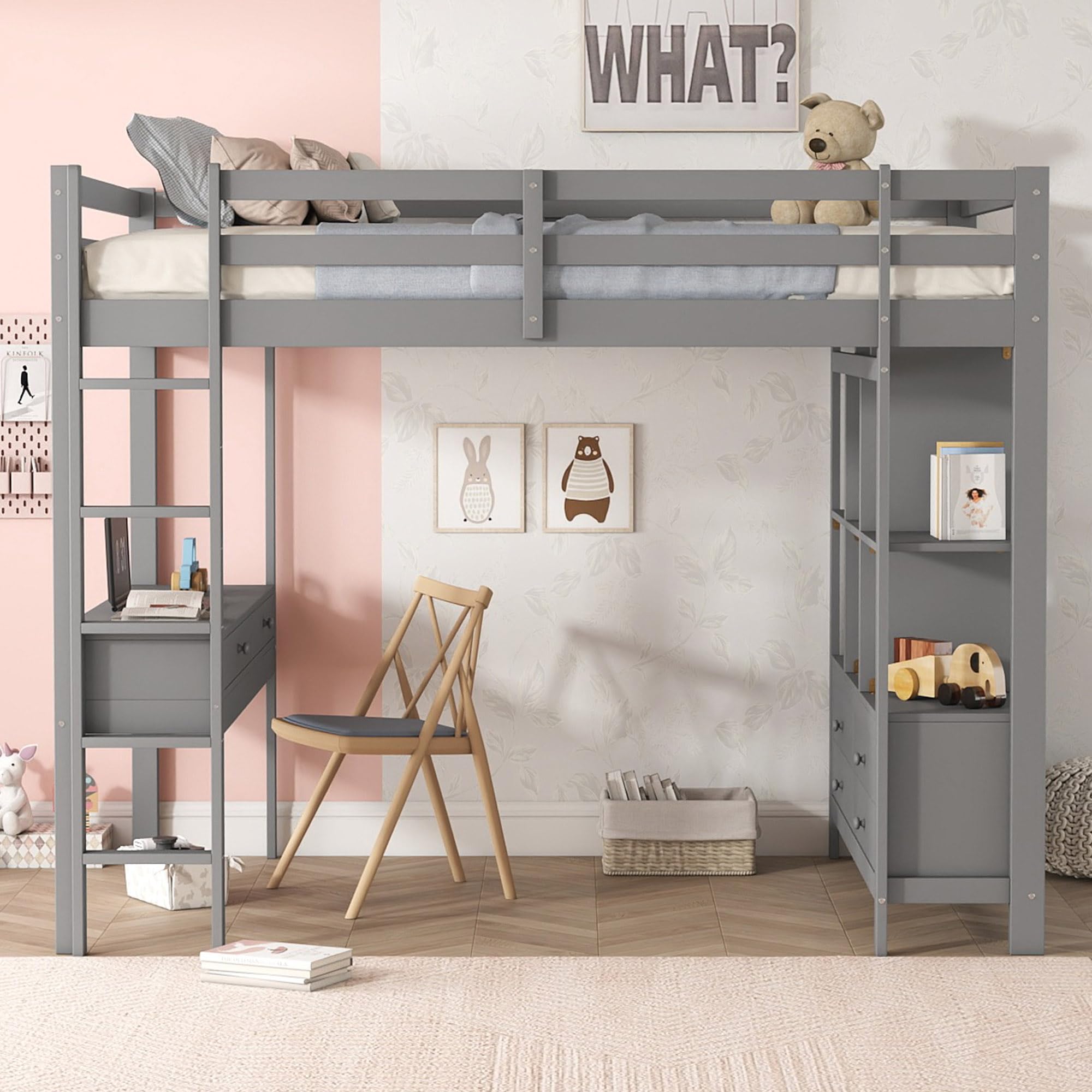 Dolamaní Letto Soppalco 140x200 Grigio con Scrivania e Cassetti
