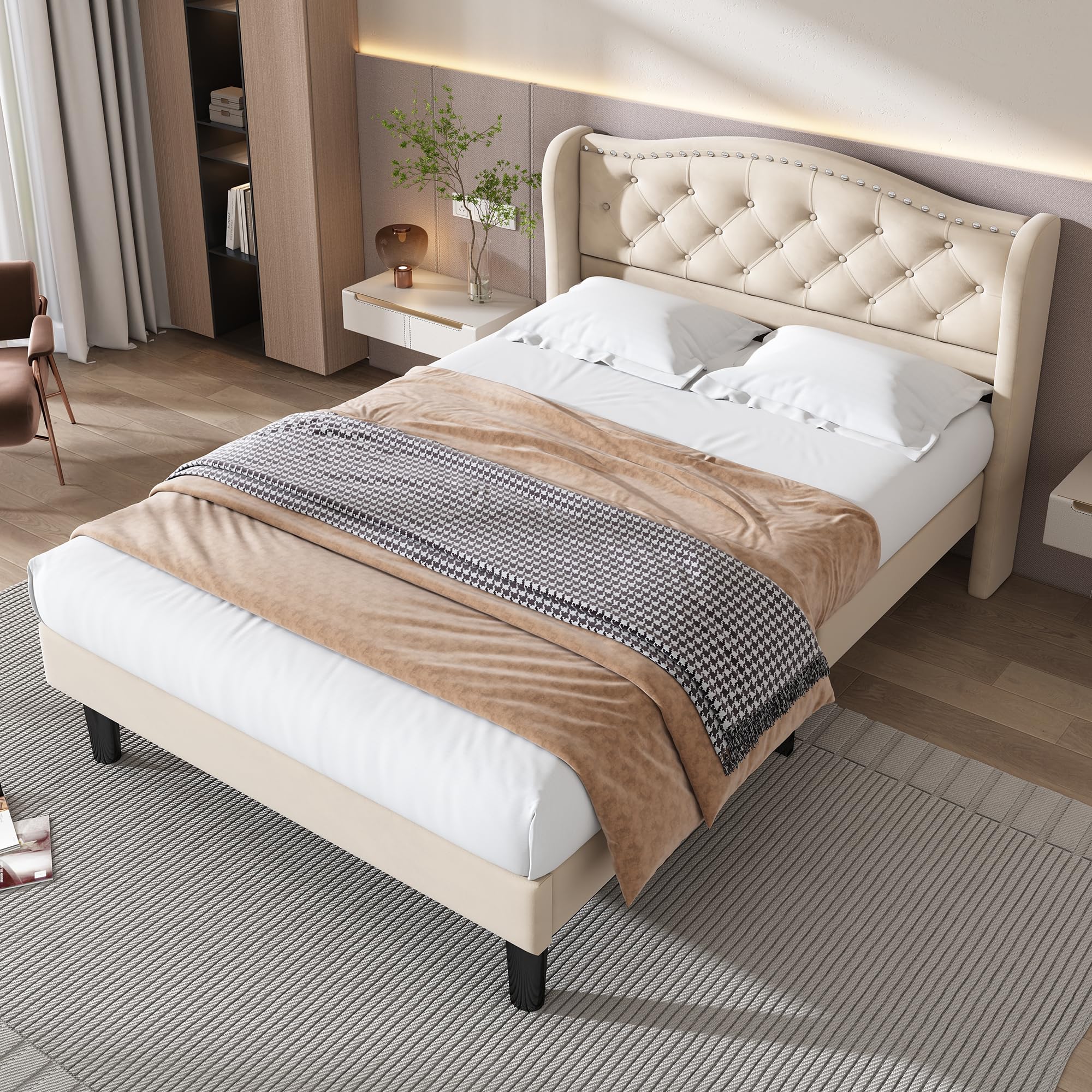 Dolamaní letto imbottito 90x200 velluto beige testiera