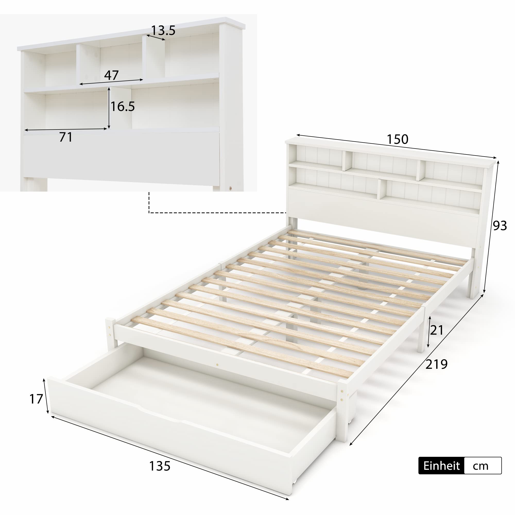 Dolamaní Letto Bianco 140x200 con Cassetti Legno Libreria