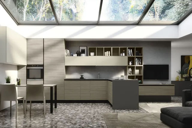 S75 Spot Irma cucina con penisola Olmo Light e Creta