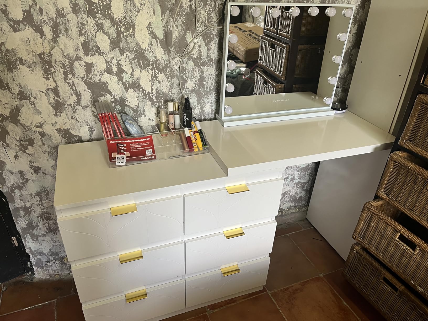Dolamaní cassettiera bianca floreale 127 cm maniglie oro