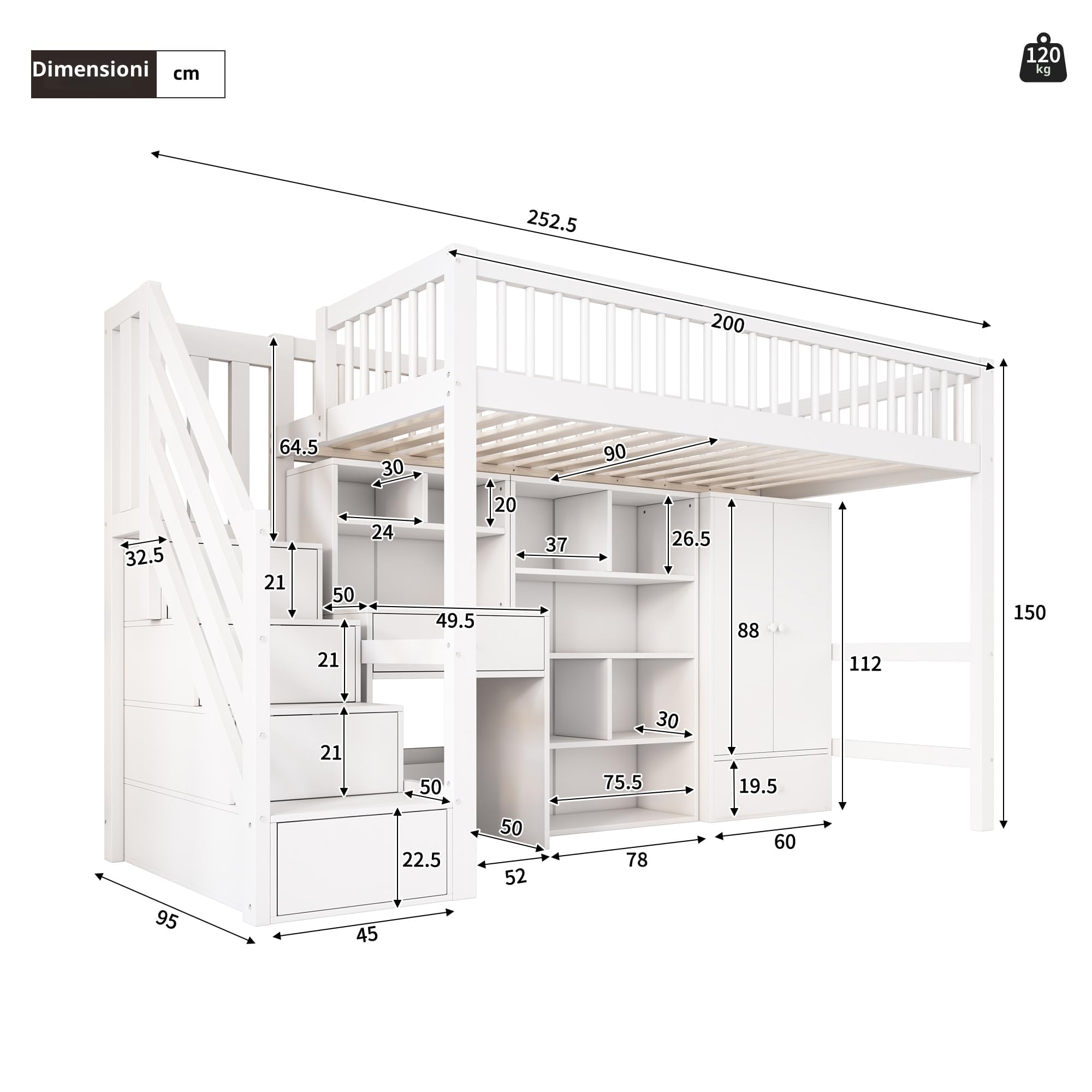 Dolamaní Letto a Soppalco 90x200 con Scrivania Bianco in Legno