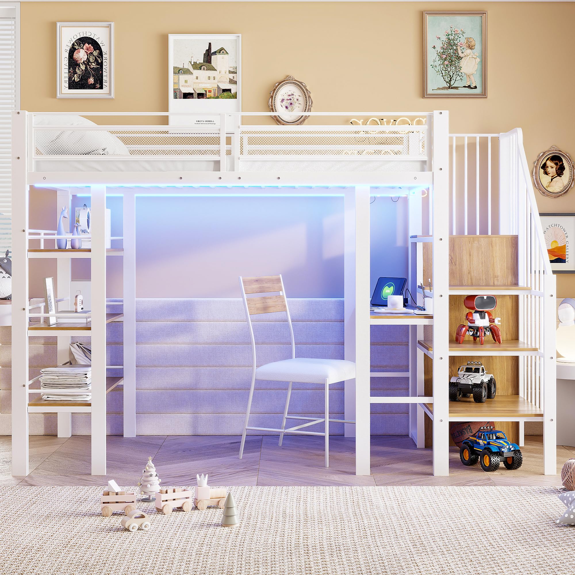 Dolamaní letto a soppalco 90x200 bianco metallo con LED