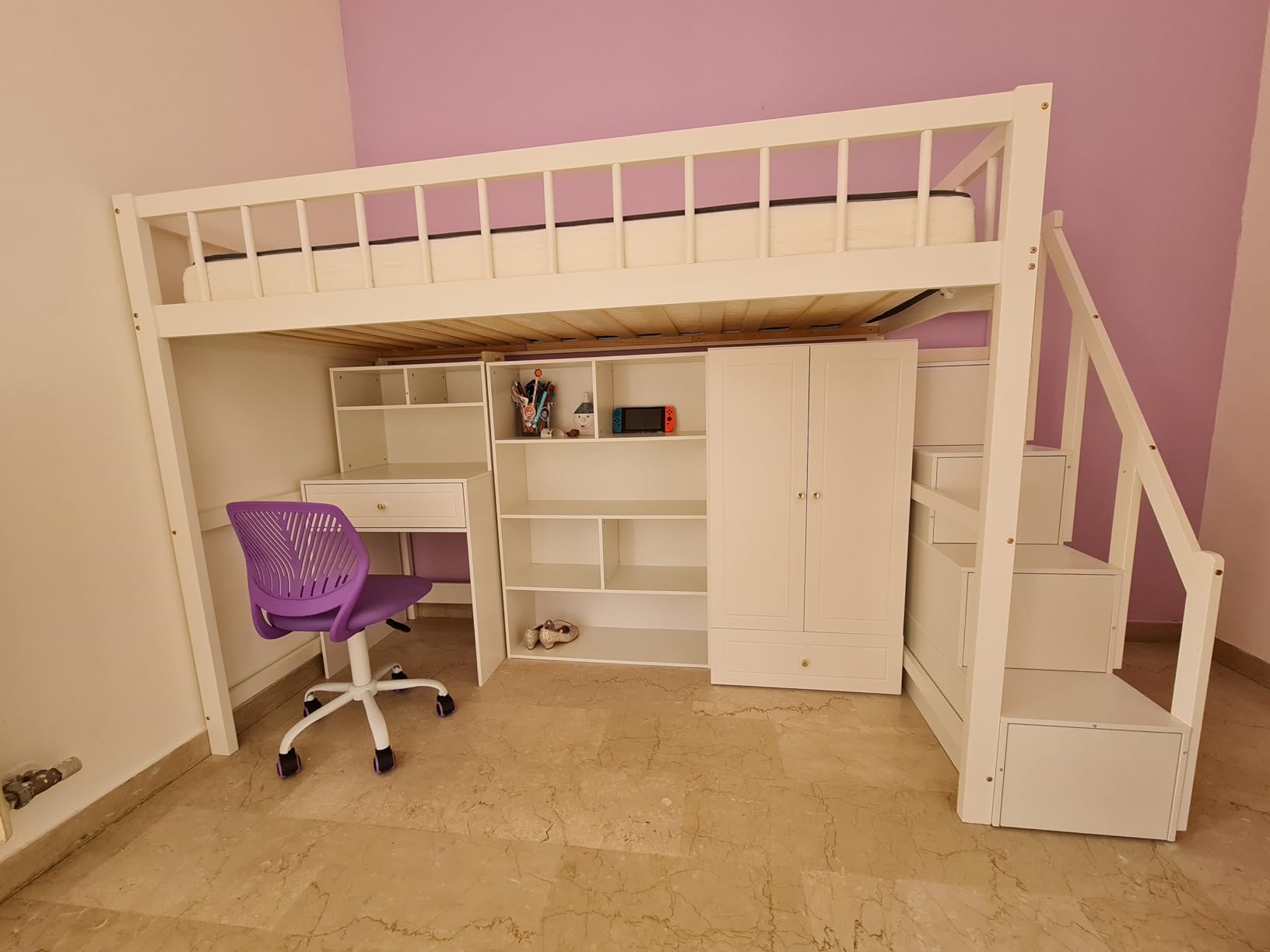 Dolamaní Letto a Soppalco 90x200 con Scrivania Bianco in Legno