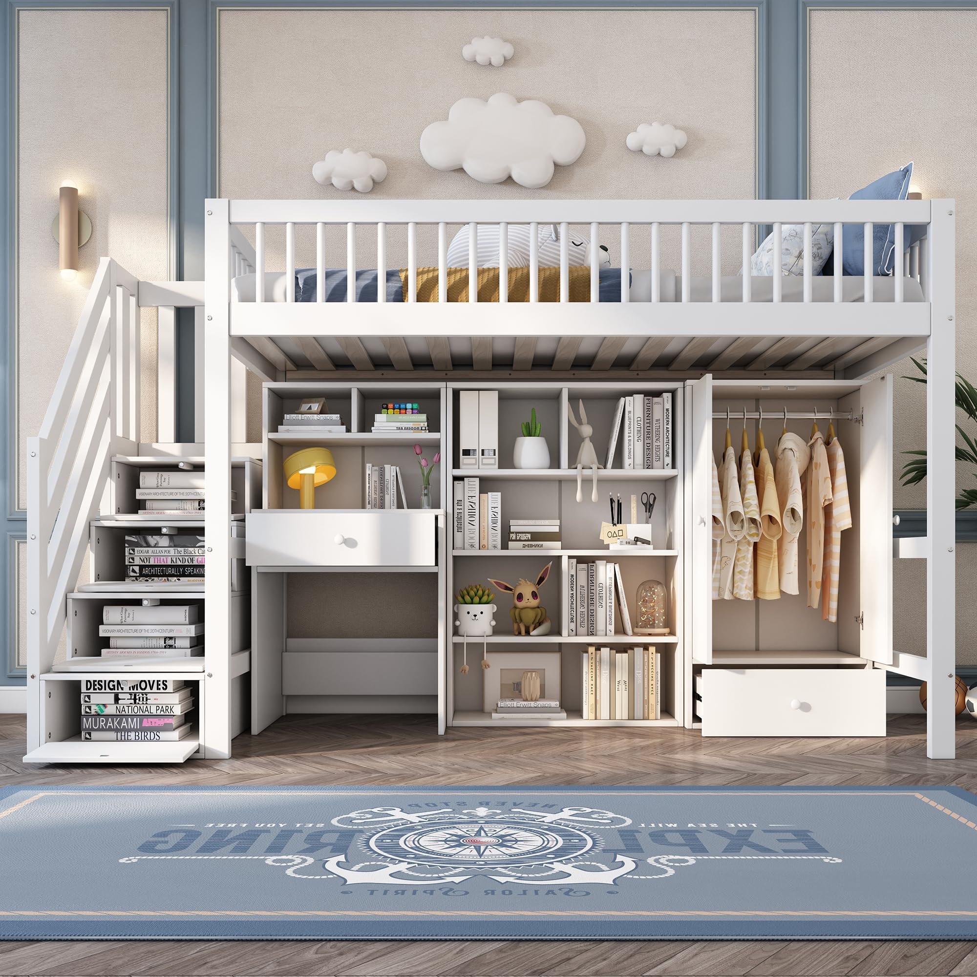 Dolamaní Letto a Soppalco 90x200 con Scrivania Bianco in Legno