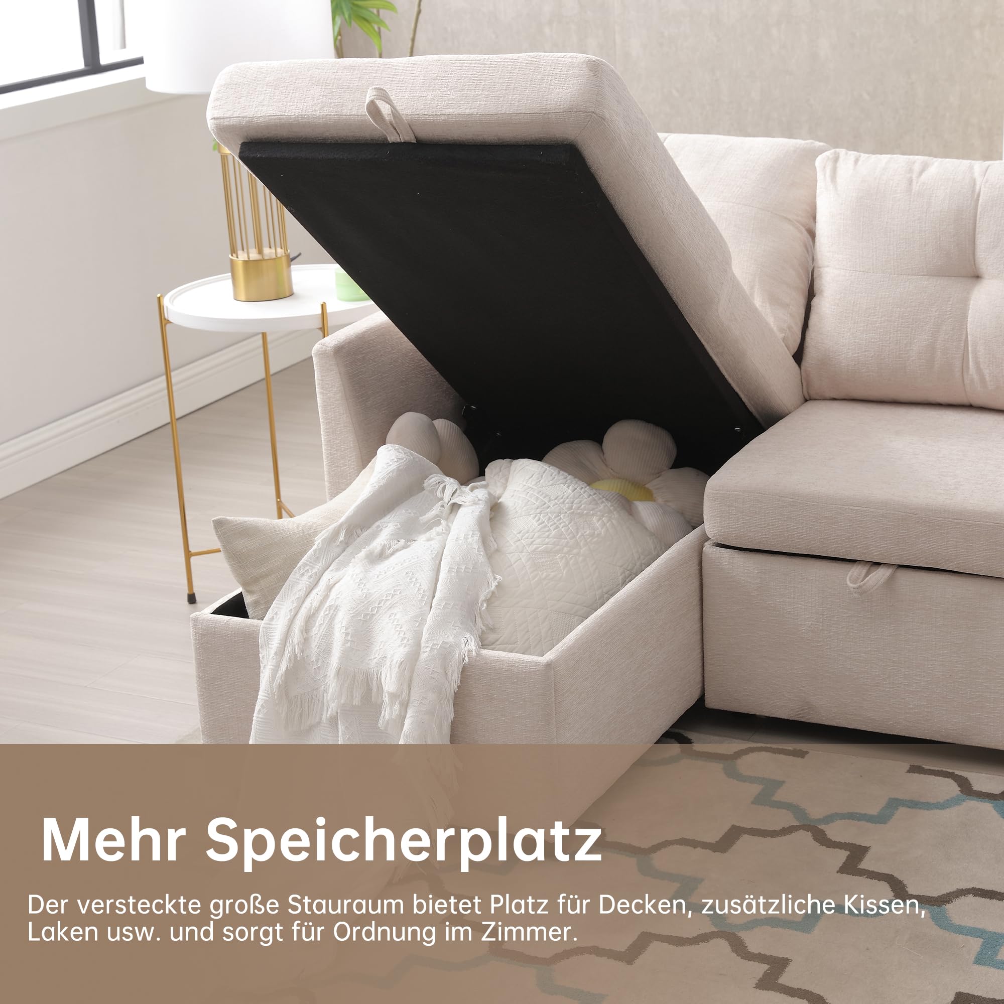 Dolamaní Divano Letto a L Beige in Velluto con Contenitore