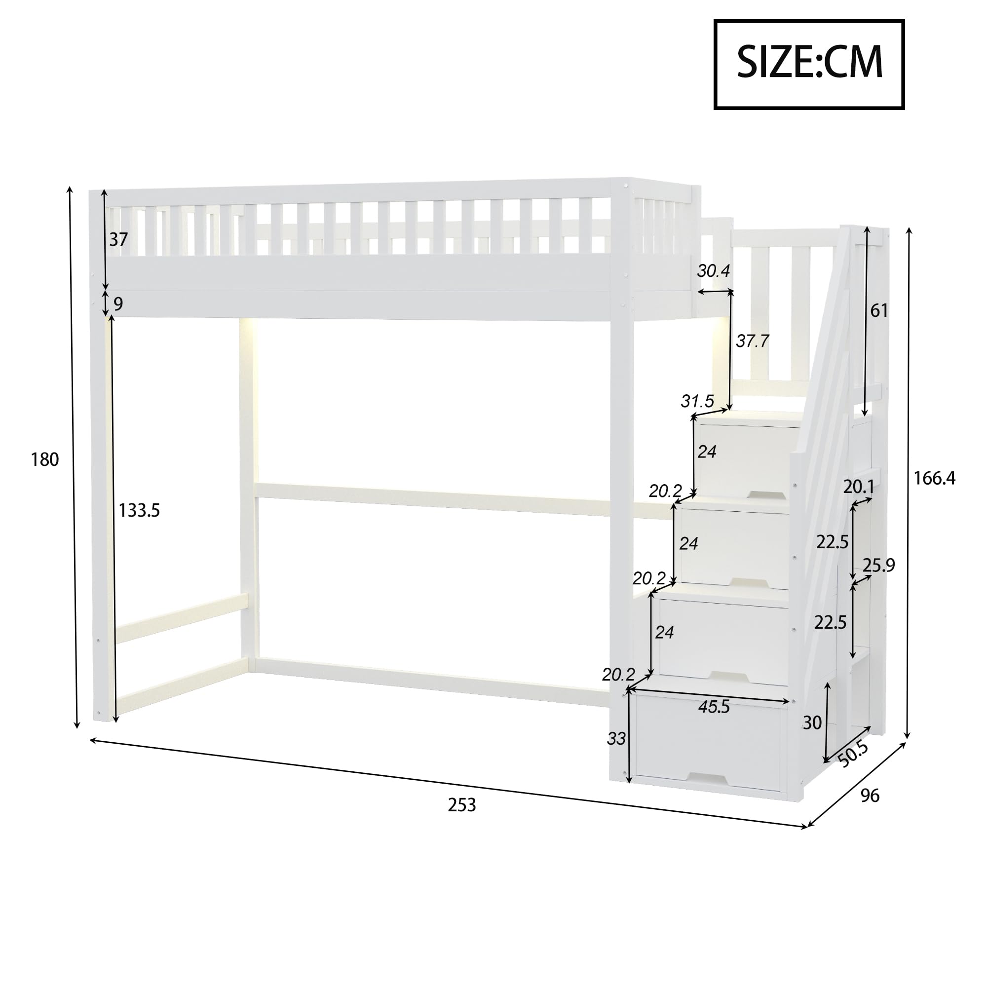 Dolamaní Letto a soppalco 90x200 bianco LED scala