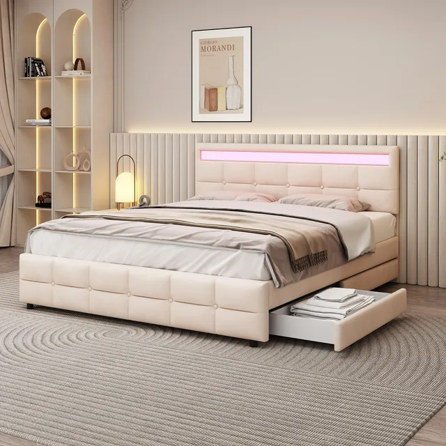 Dolamaní Letto imbottito in velluto 180x200 beige 4 cassetti