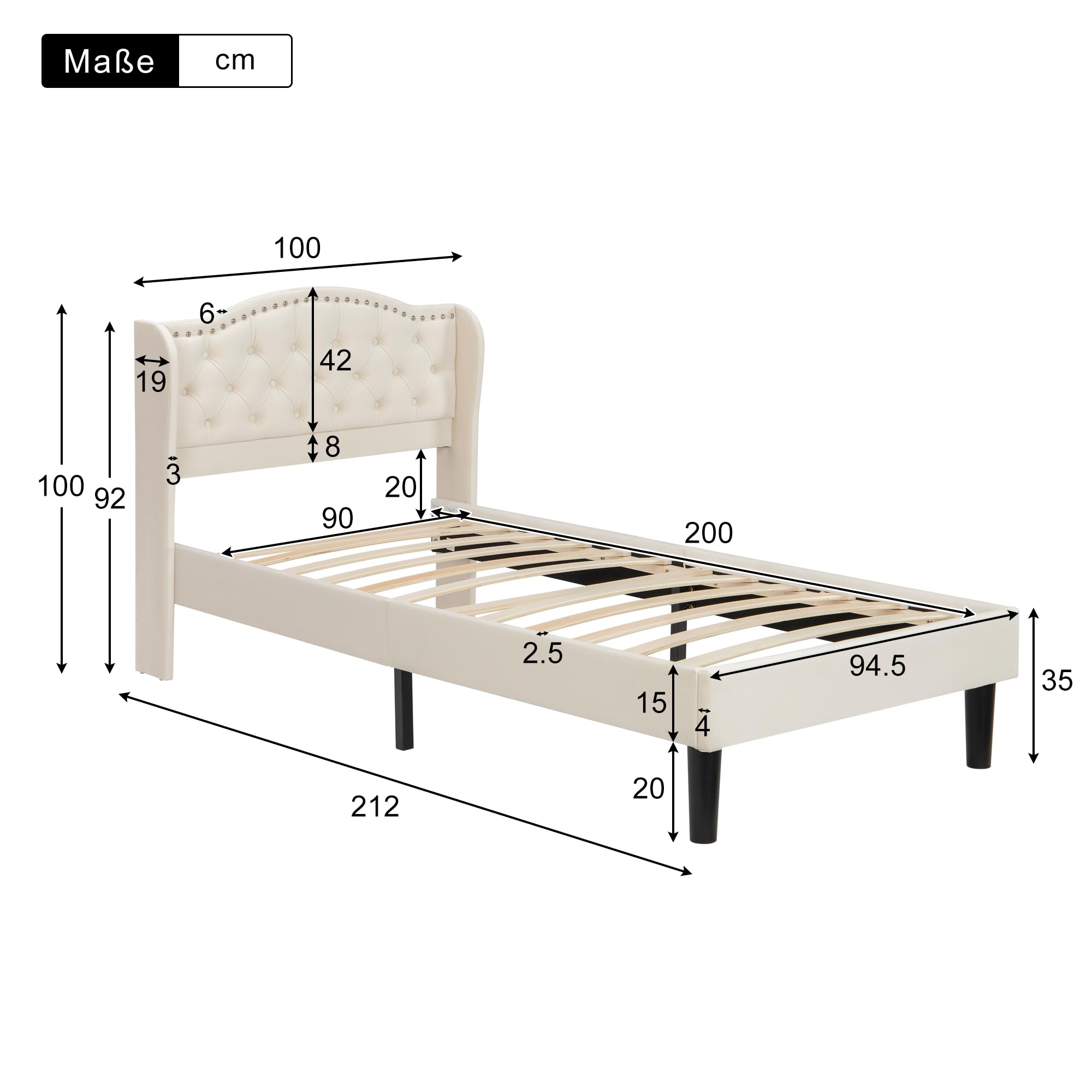 Dolamaní letto imbottito 90x200 velluto beige testiera