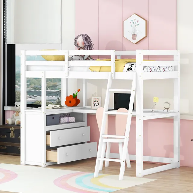 Dolamaní Letto a soppalco 90x200 bianco con scrivania e cassetti