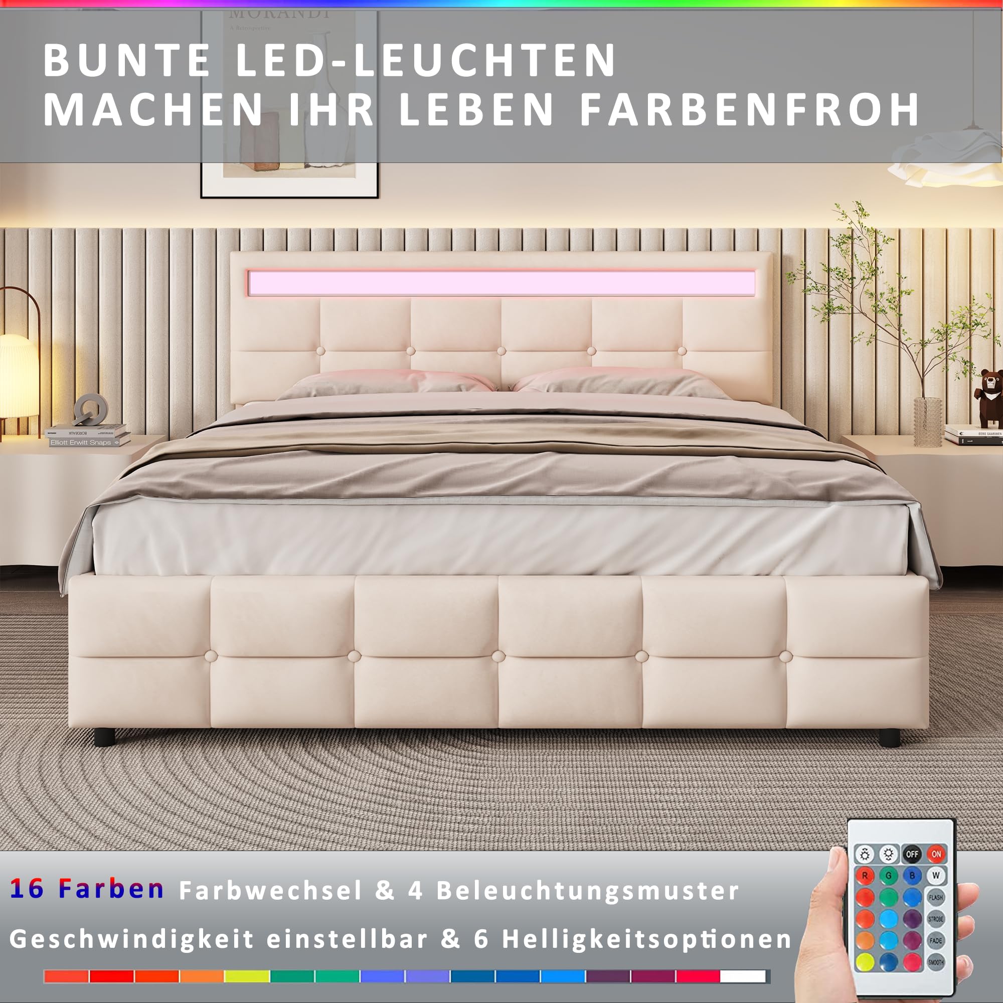 Dolamaní Letto imbottito in velluto 180x200 beige 4 cassetti