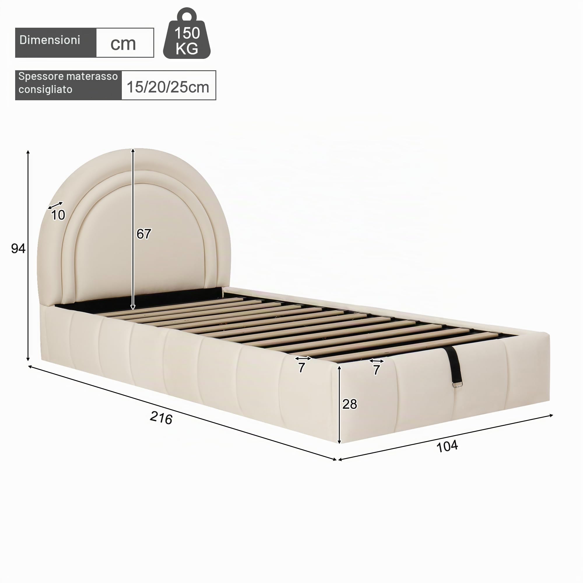 Dolamaní Letto singolo 90x200 beige velluto contenitore