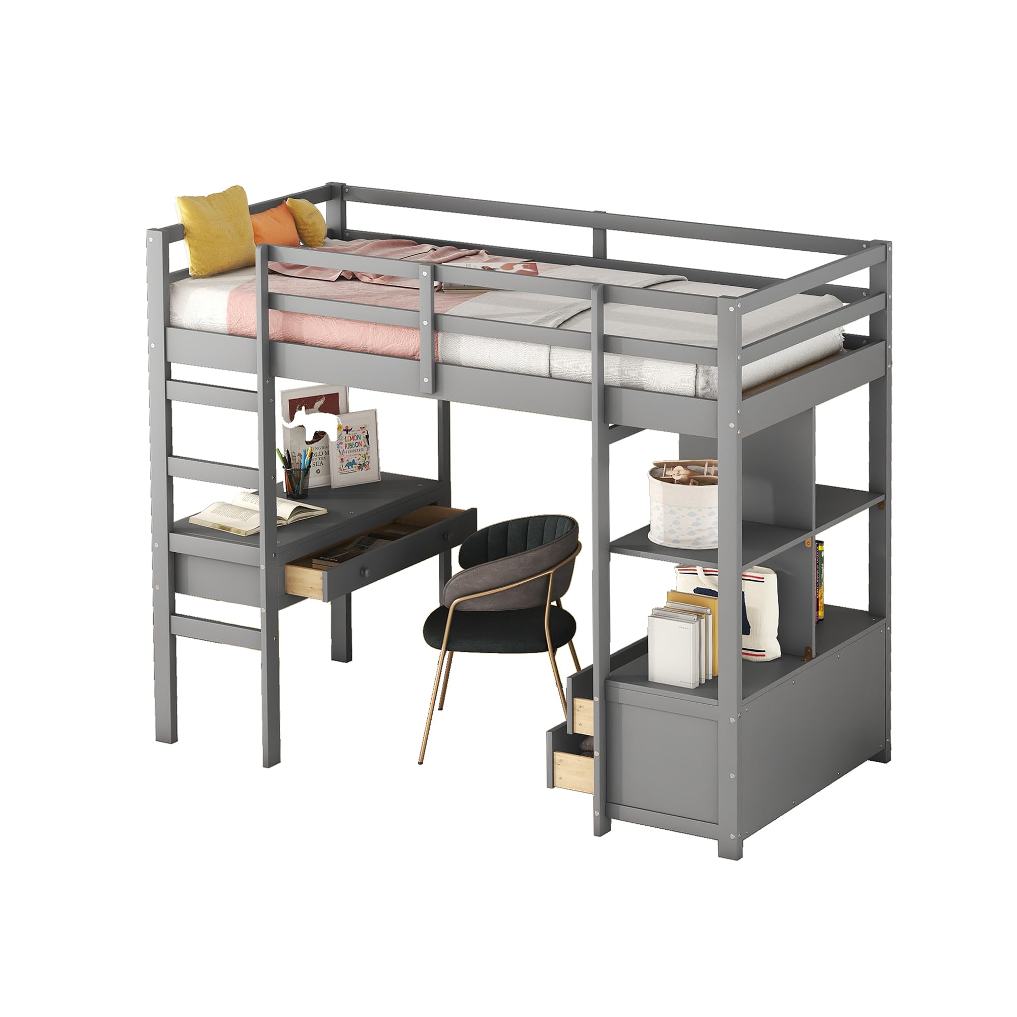 Dolamaní Letto Soppalco 90x200 Grigio con Scrivania e Cassetti