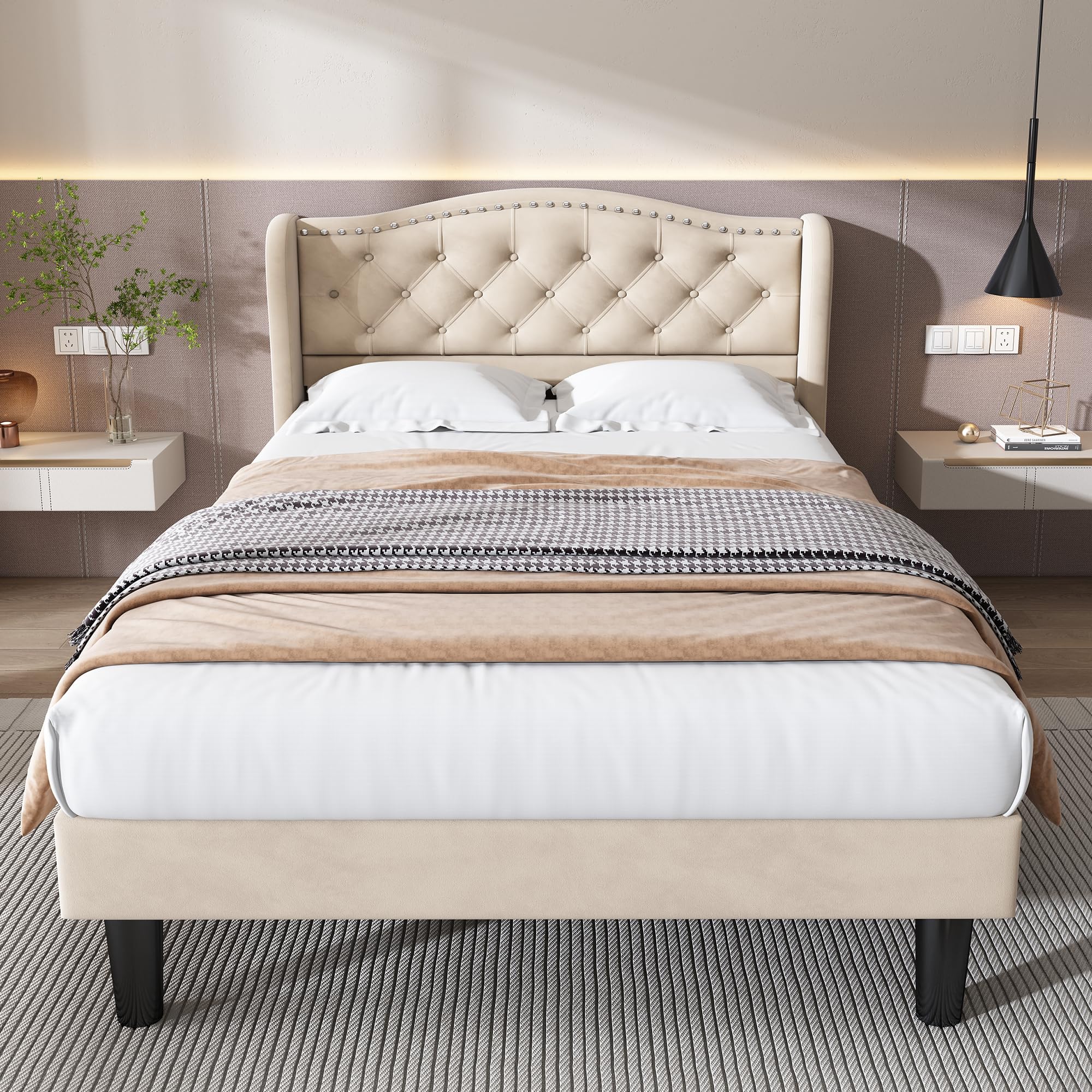 Dolamaní letto imbottito 90x200 velluto beige testiera