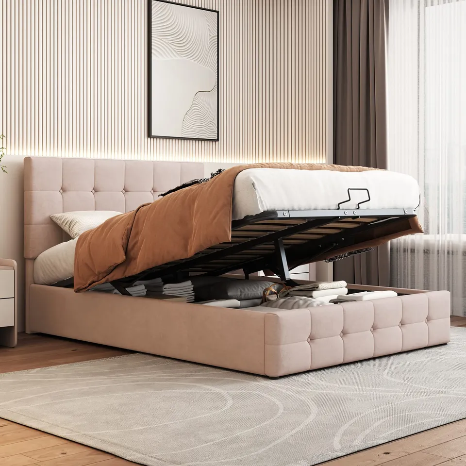 Dolamaní Letto Contenitore 140x200 Rosa in Velluto Idraulico
