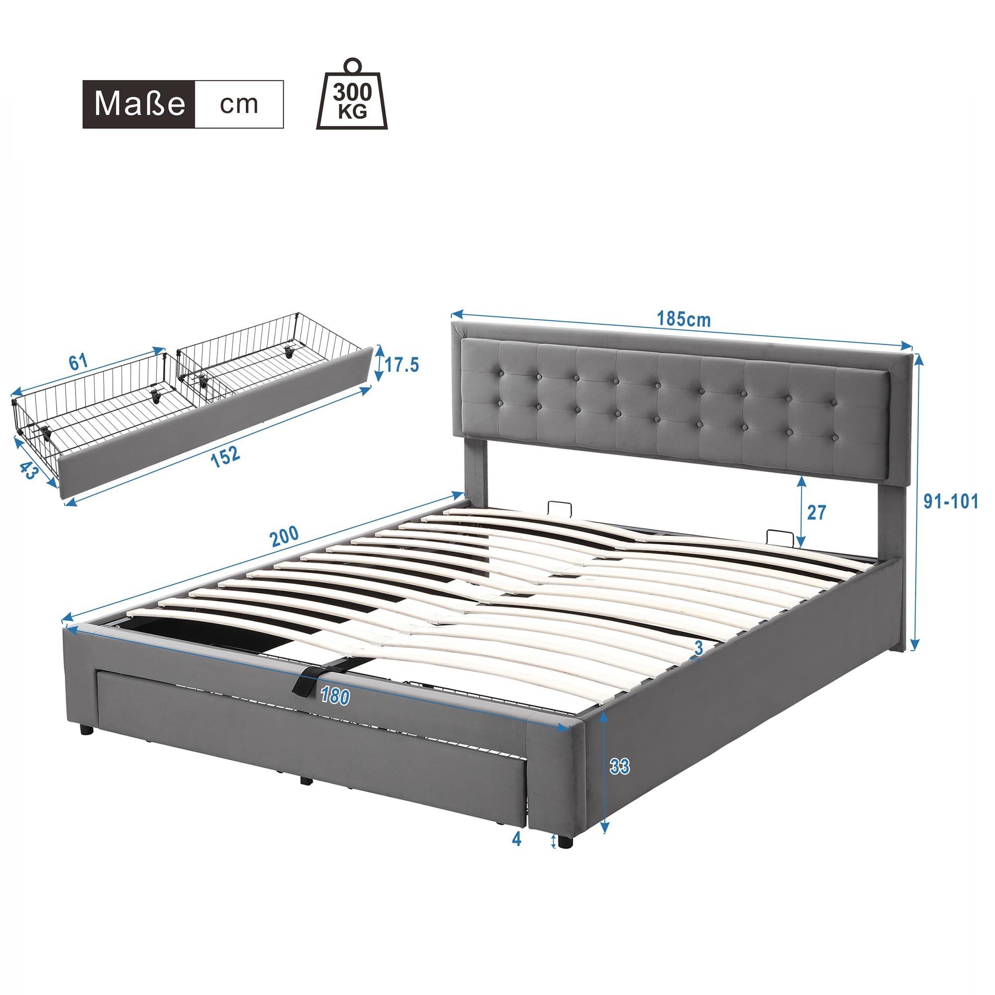 Dolamaní Letto Imbottito Grigio 180x200 Contenitore Tessuto