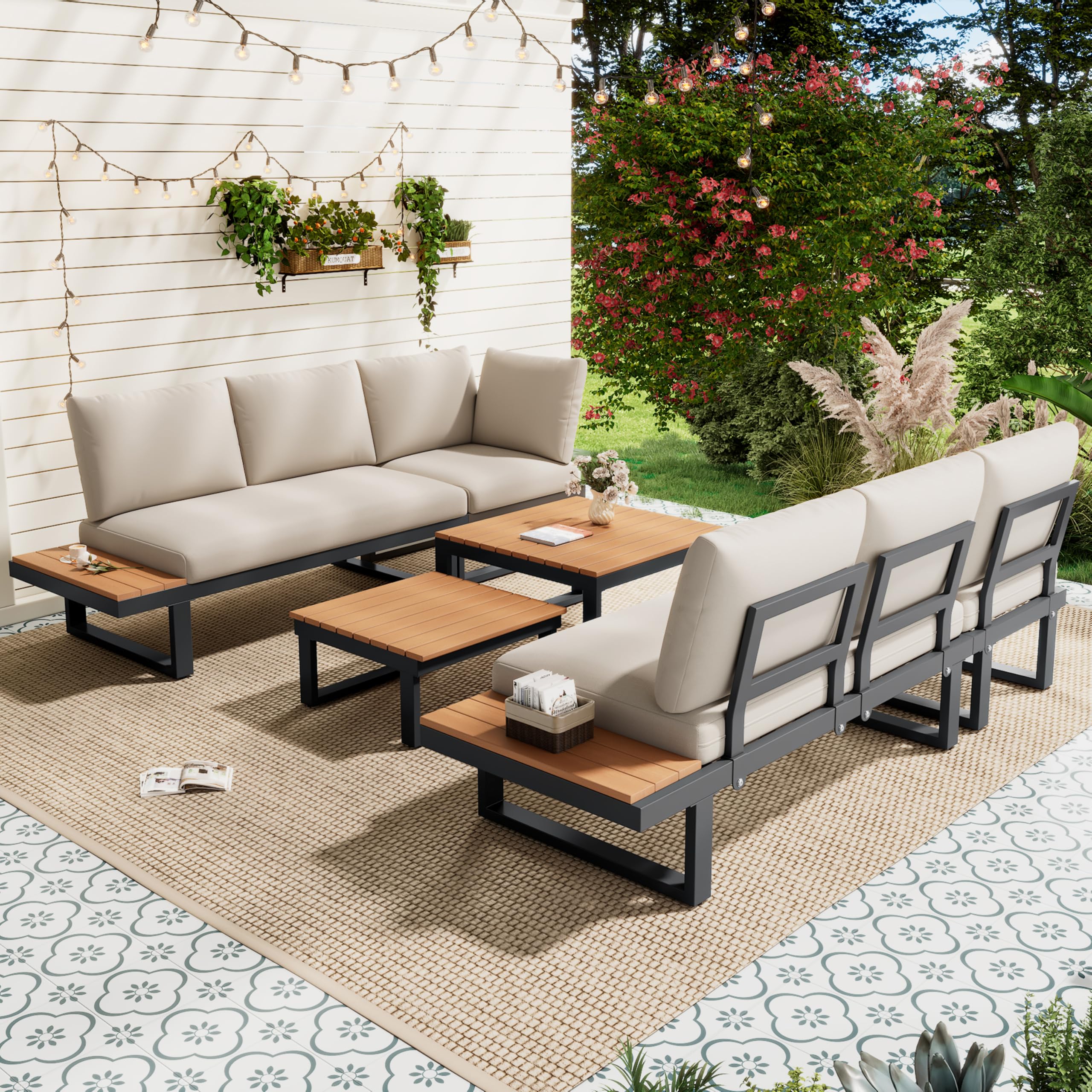 Dolamaní Set lounge giardino 5 posti beige-nero reclinabile