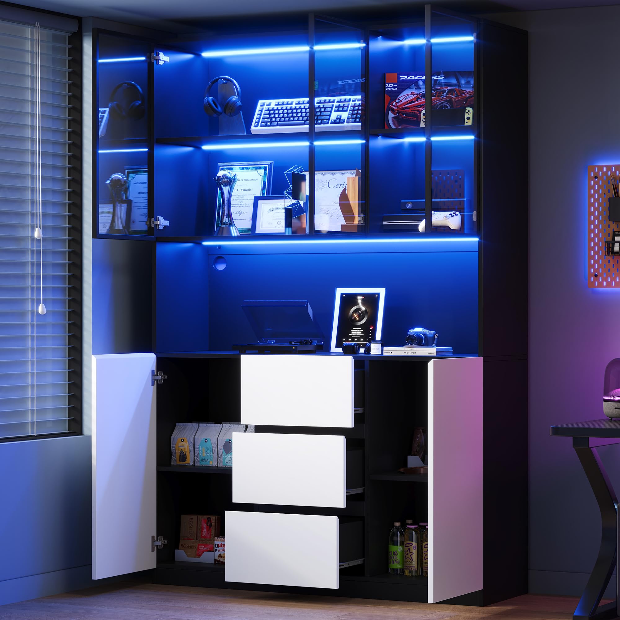 Dolamaní Vetrina LED Bianco Nero 120x40x200 con Cassetti