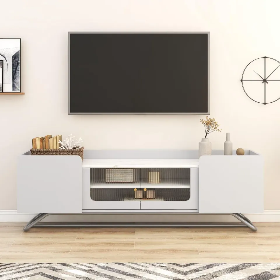 Dolamaní Mobile TV 150 cm Bianco Ante Vetro Effetto Marmo