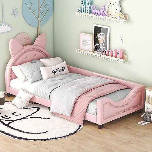 Dolamaní Letto bambini 90x200 rosa in ecopelle orecchie gatto