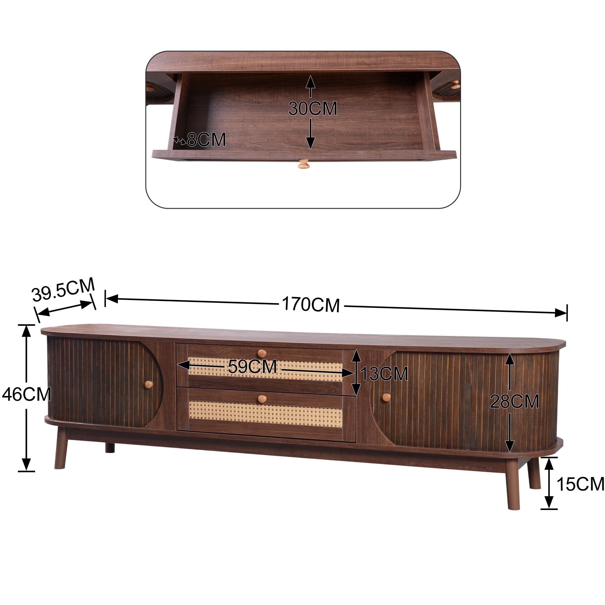 Dolamaní Mobile TV 170 cm Legno Scuro con Rattan 2 Ante