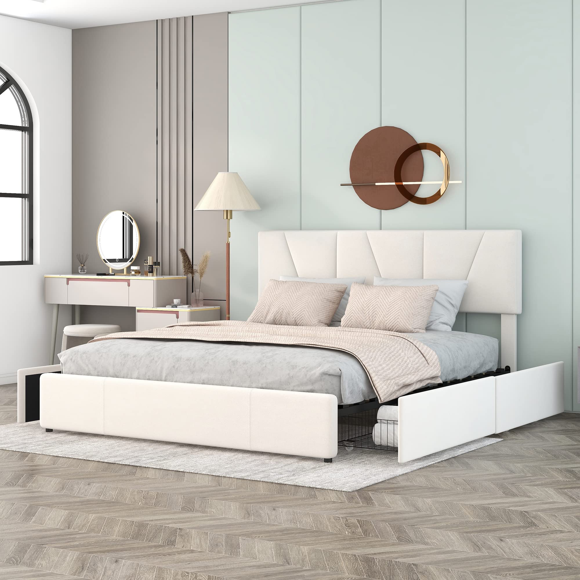 Dalamaní Letto Imbottito Velluto 160x200 Beige 4 Cassetti