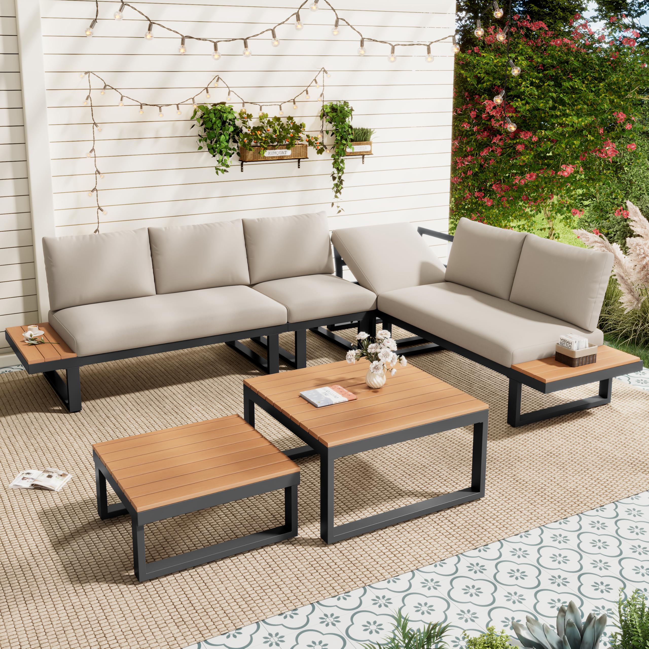 Dolamaní Set lounge giardino 5 posti beige-nero reclinabile
