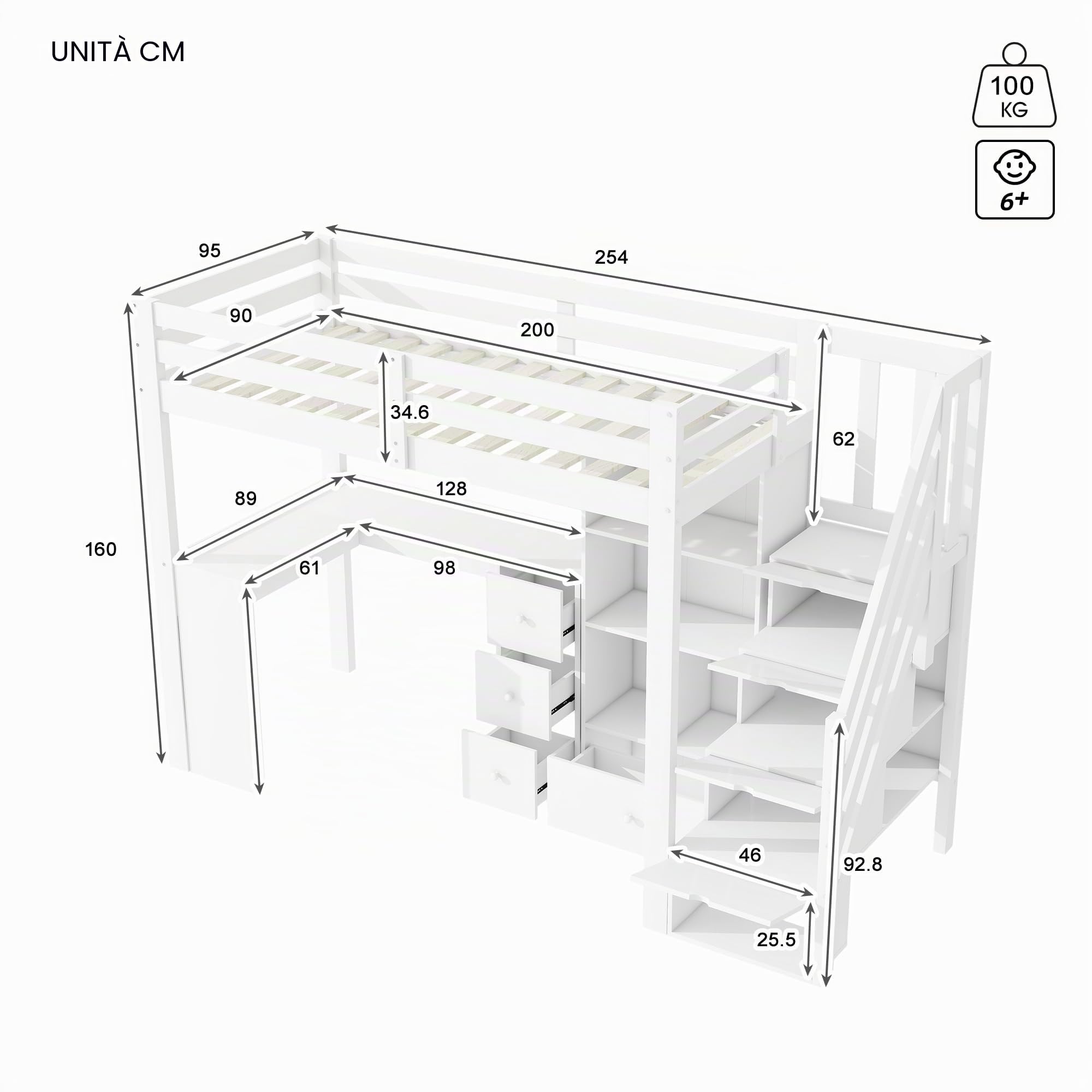 Dolamaní Soppalco Bianco 90x200 con Scrivania Legno