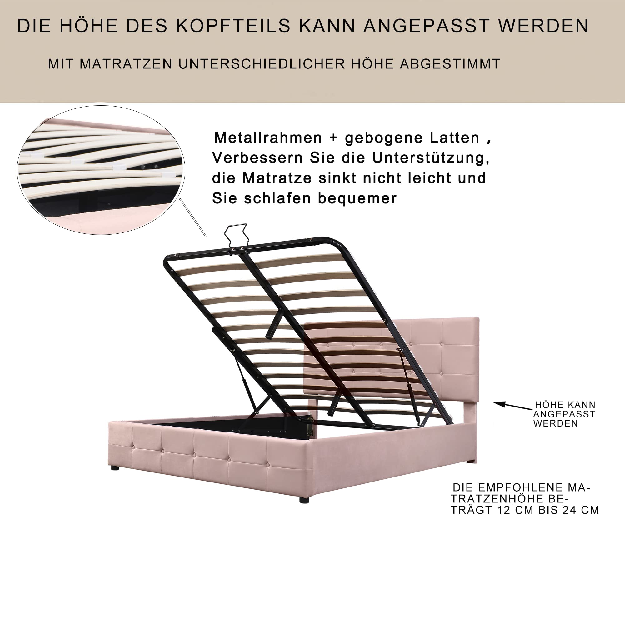 Dolamaní Letto Contenitore 140x200 Rosa in Velluto Idraulico