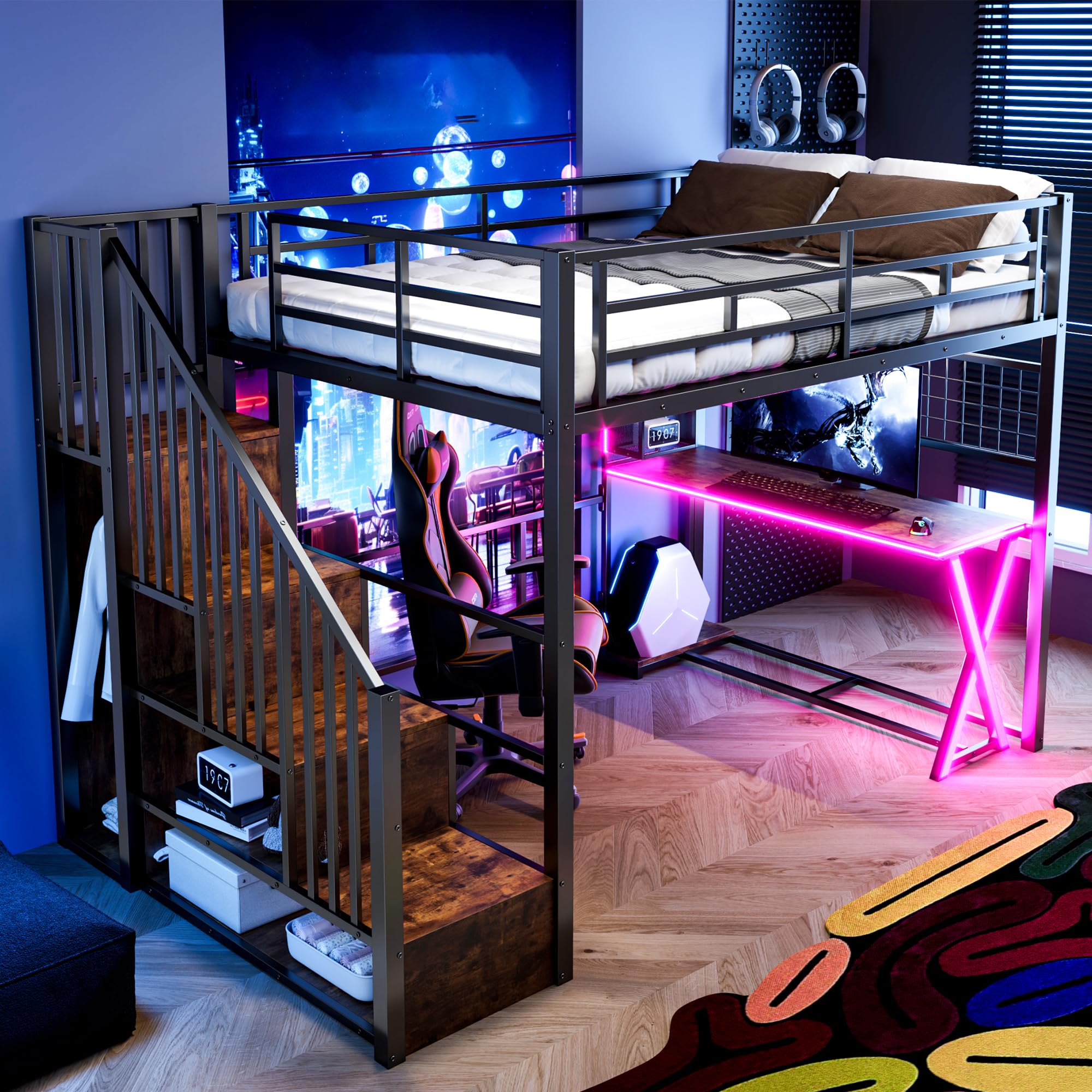 Dolamaní Letto a Soppalco 140x200 Nero con Scrivania e Armadio
