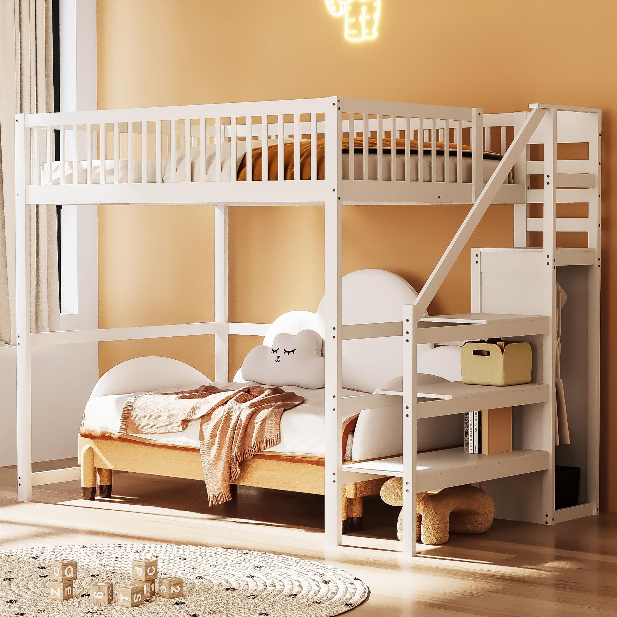 Dolamani letto a soppalco bianco 140x200 in pino con scala