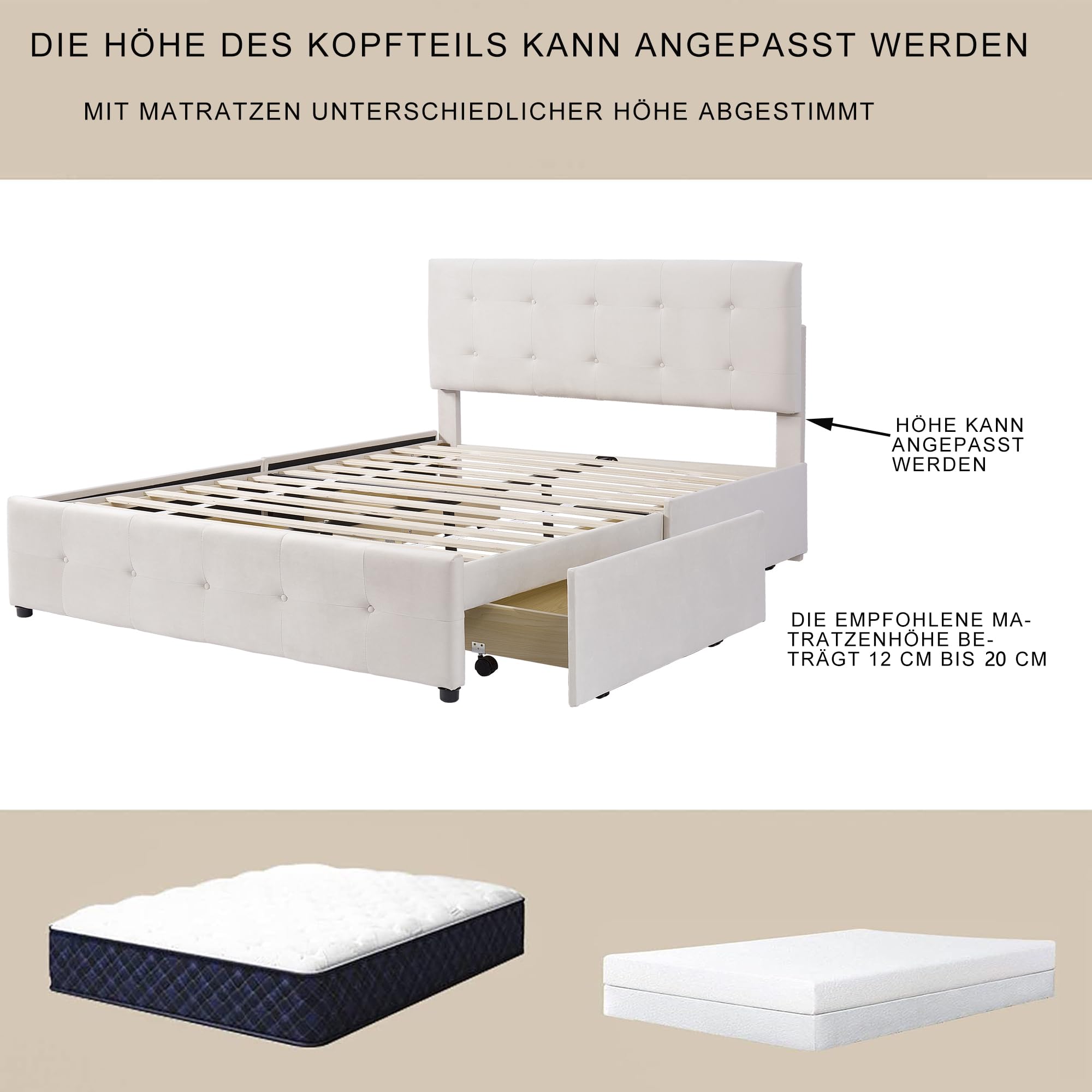 Dolamaní letto matrimoniale beige 140x200 4 cassetti