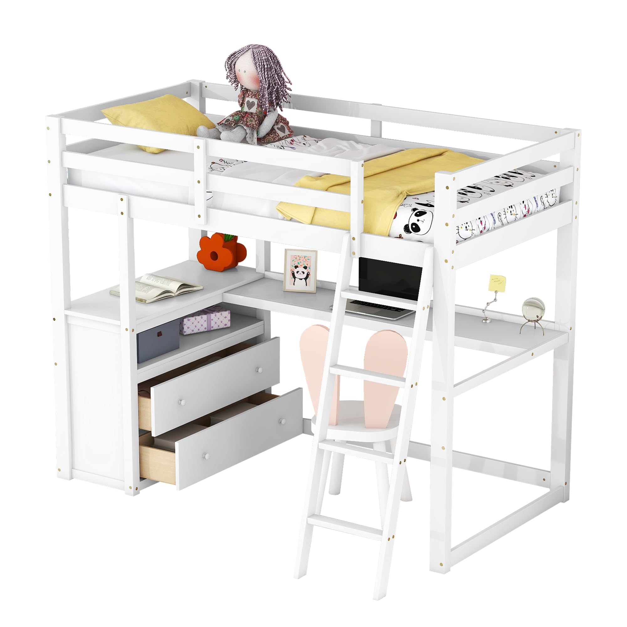 Dolamaní Letto a soppalco 90x200 bianco con scrivania e cassetti