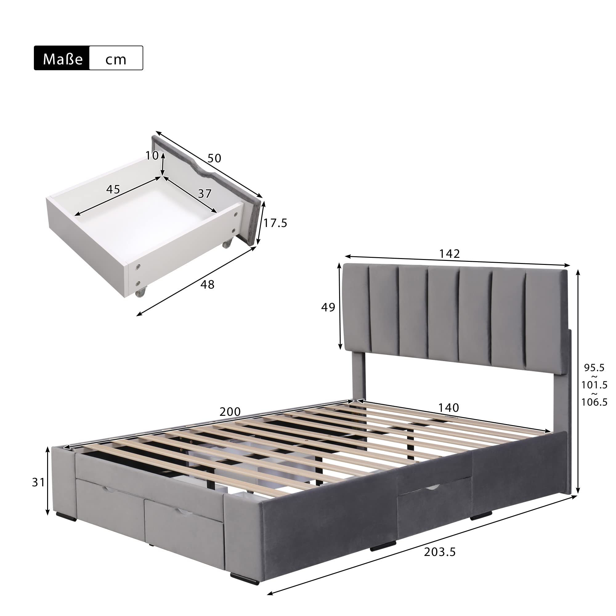 Dolamaní Letto matrimoniale 140x200 velluto grigio con 4 cassetti