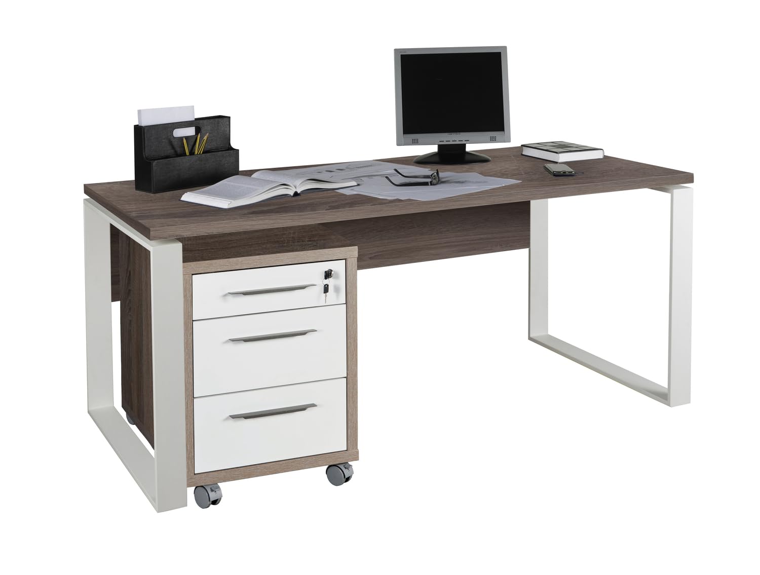 Composad Disegno Set Scrivania 180 cm e Cassettiera Bianco